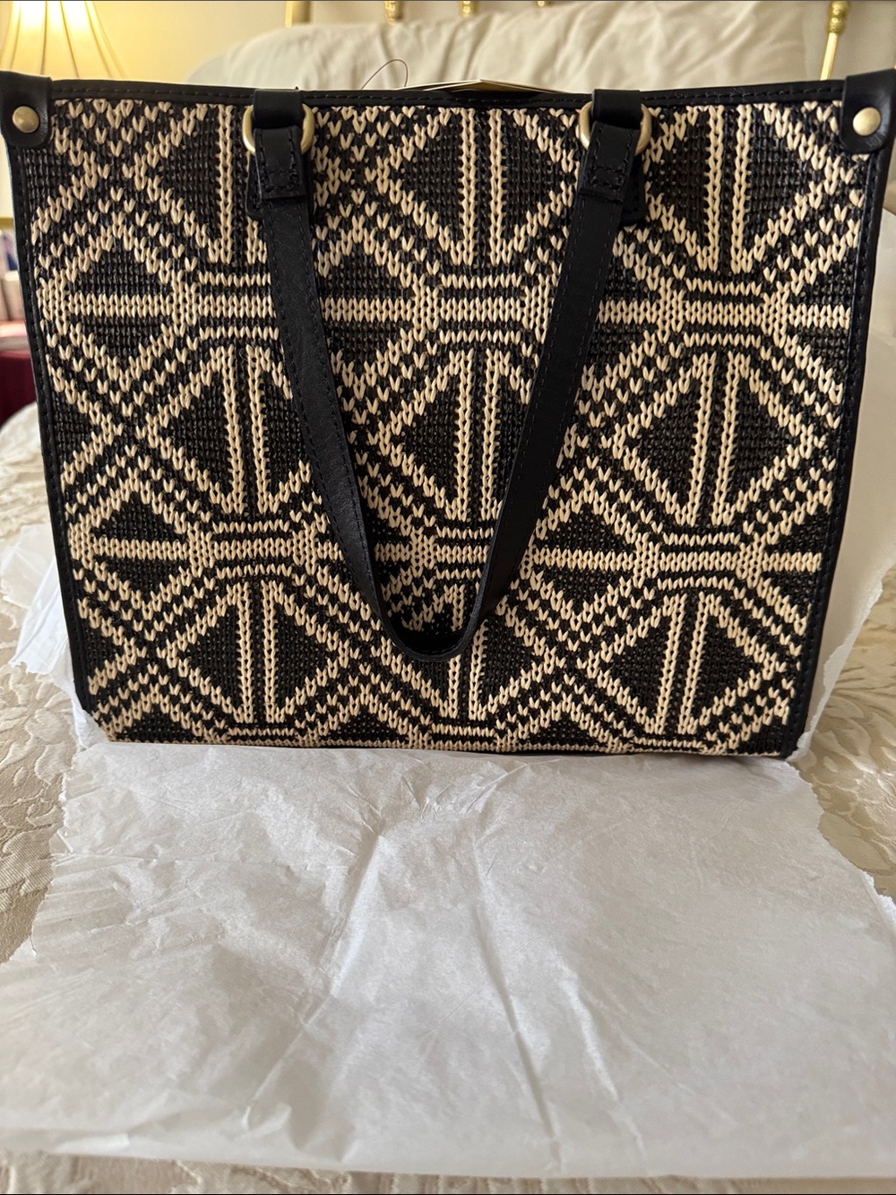 Patricia Nash Black and Beige Geometric Woven Tote